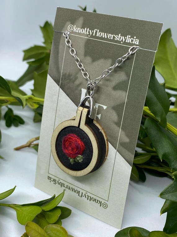 Hand stitched embroidered red rose pendant necklace, one o