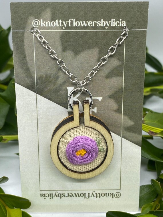 Hand stitched embroidered purple peony pendant necklace, o