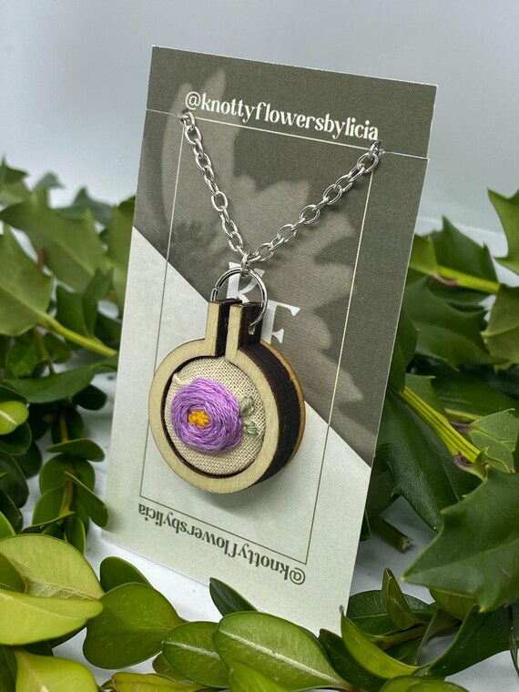 Hand stitched embroidered purple peony pendant necklace, o