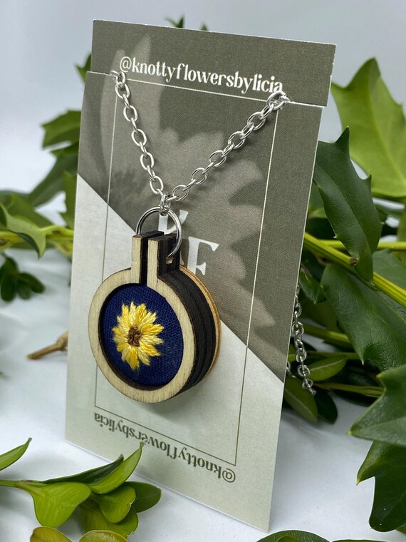 Hand Stitched Sunflower Pendant Necklace