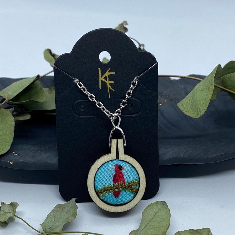 Hand stitched embroidered mini red cardinal bird pendant n