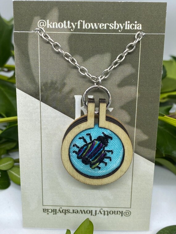 Hand Stitched Beetle Pendant Necklace